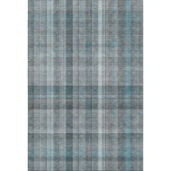 Teal And Ivory Plaid Washable Area Rug With UV Protection Photo 1