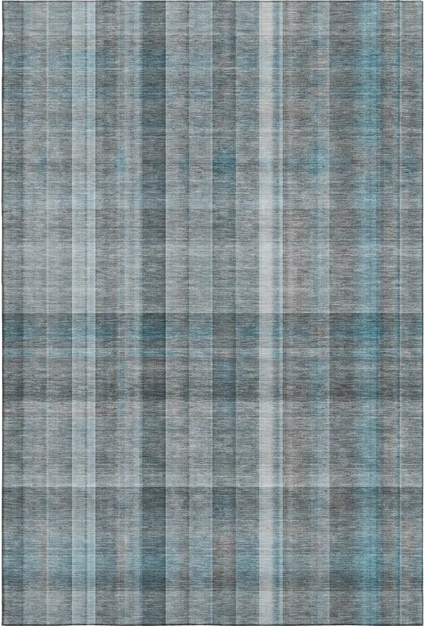 Teal And Ivory Plaid Washable Area Rug With UV Protection Photo 1