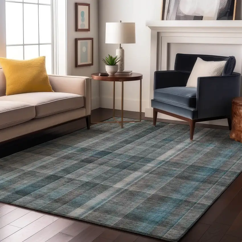 Teal And Ivory Plaid Washable Area Rug With UV Protection Photo 5
