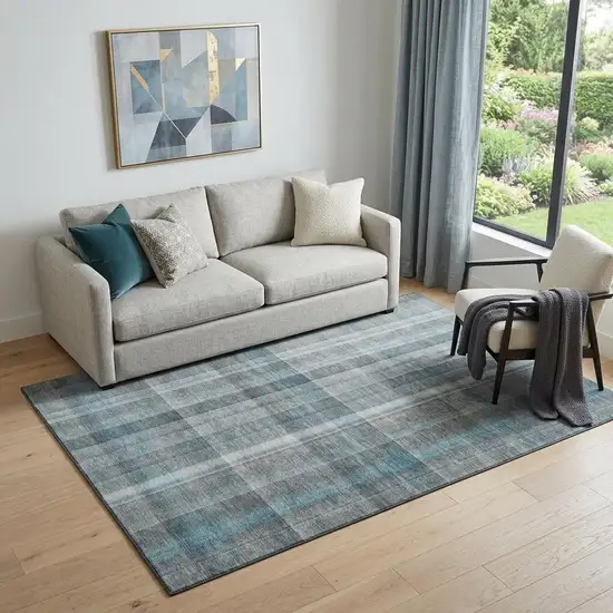 Teal And Ivory Plaid Washable Area Rug With UV Protection Photo 1