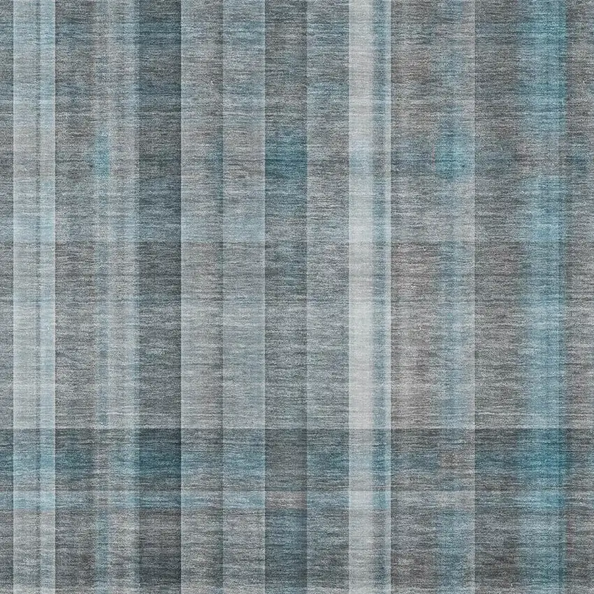 Teal And Ivory Plaid Washable Area Rug With UV Protection Photo 1