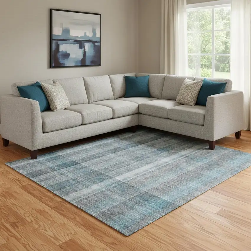 Teal And Ivory Plaid Washable Area Rug With UV Protection Photo 1