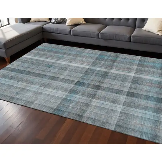 Teal And Ivory Plaid Washable Area Rug With UV Protection Photo 2