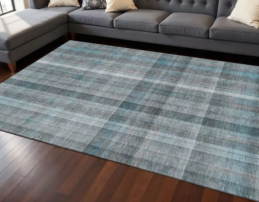 Teal And Ivory Plaid Washable Area Rug With UV Protection Photo 2