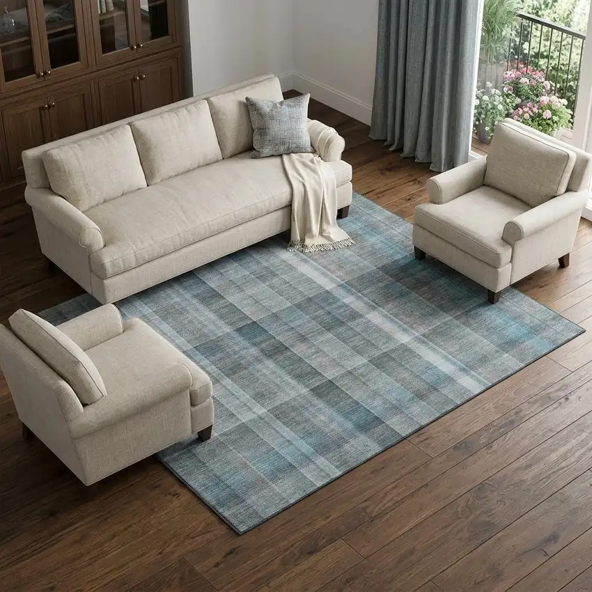 Teal And Ivory Plaid Washable Area Rug With UV Protection Photo 1