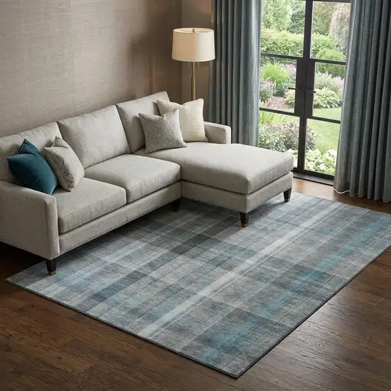 Teal And Ivory Plaid Washable Area Rug With UV Protection Photo 1