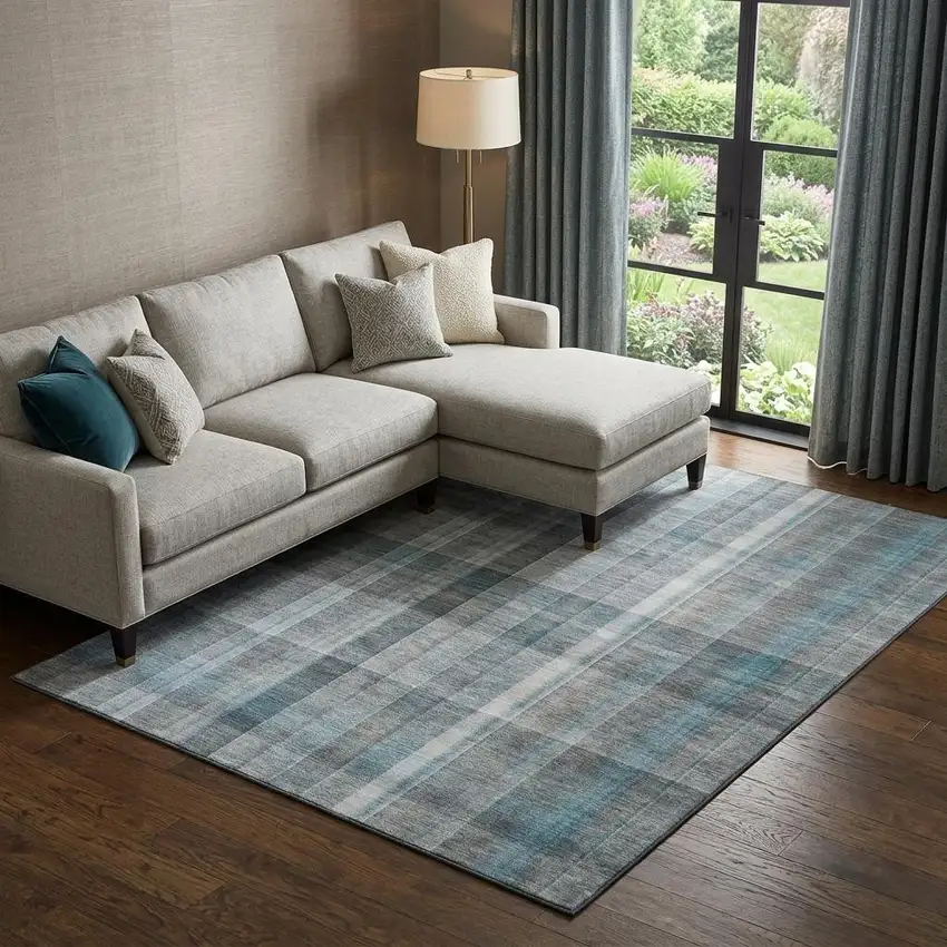 Teal And Ivory Plaid Washable Area Rug With UV Protection Photo 1