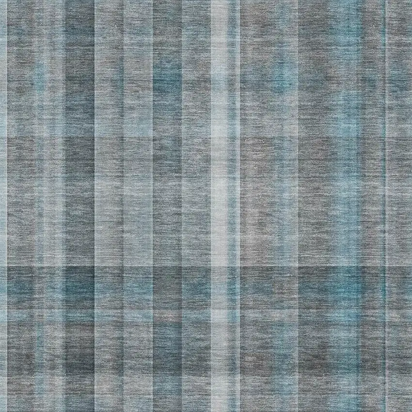 Teal And Ivory Plaid Washable Area Rug With UV Protection Photo 1