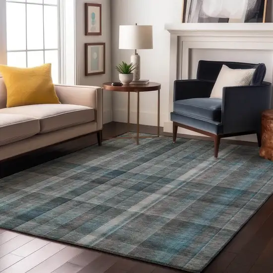 Teal And Ivory Plaid Washable Area Rug With UV Protection Photo 4
