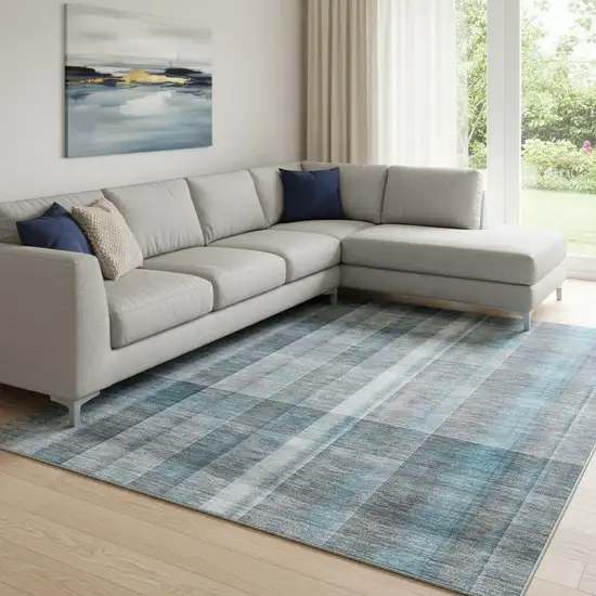 Teal And Ivory Plaid Washable Area Rug With UV Protection Photo 1
