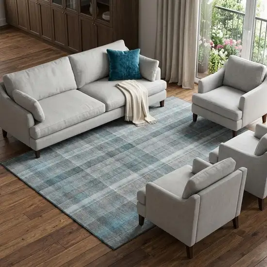 Teal And Ivory Plaid Washable Area Rug With UV Protection Photo 1