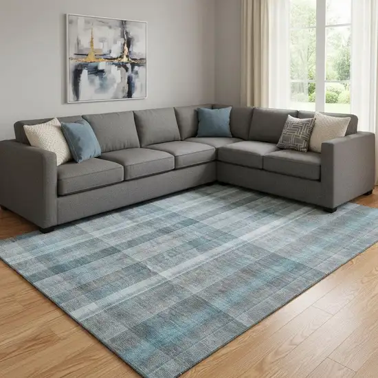 Teal And Ivory Plaid Washable Area Rug With UV Protection Photo 1
