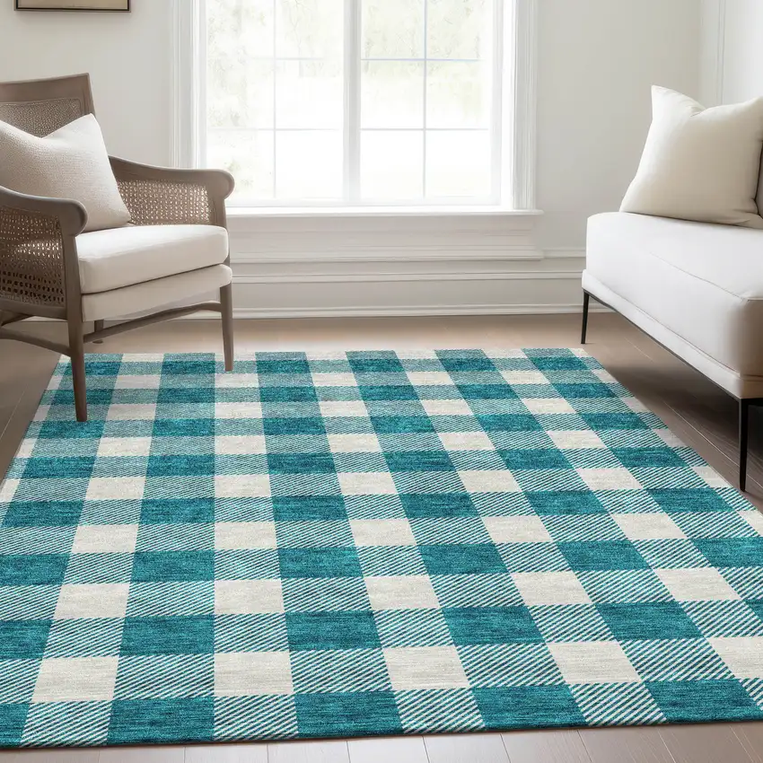 Teal And Ivory Plaid Washable Area Rug With UV Protection Photo 5