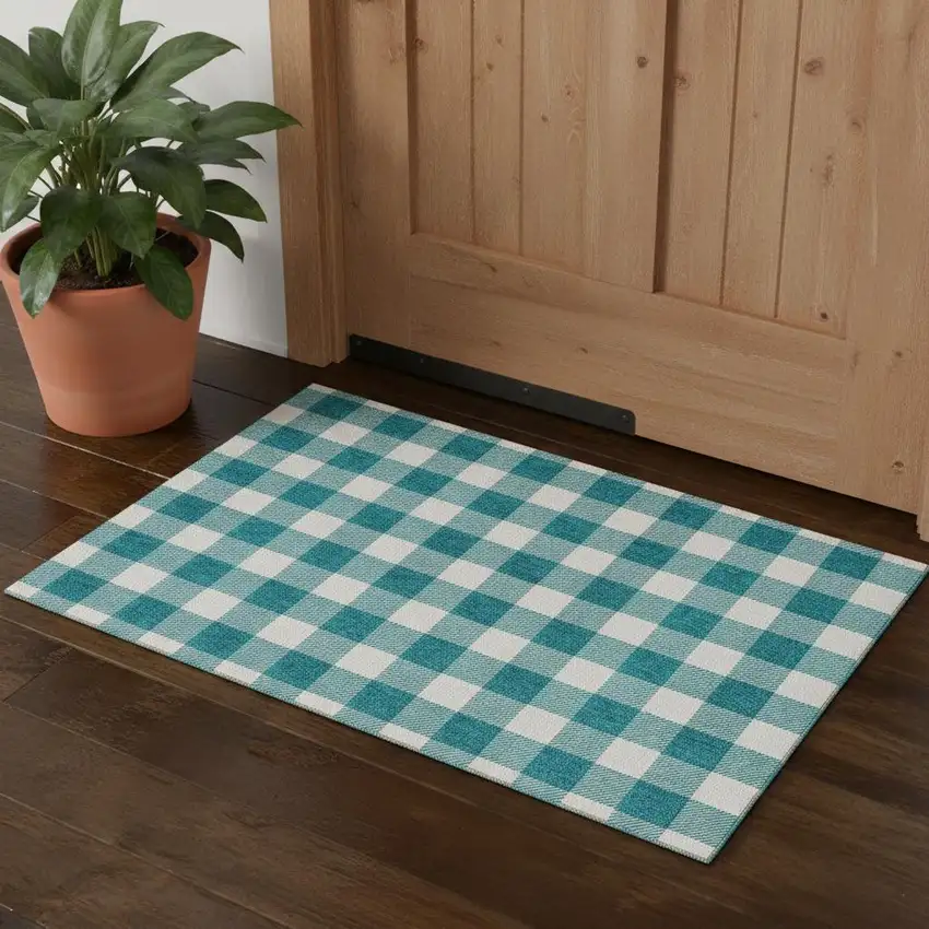 Teal And Ivory Plaid Washable Area Rug With UV Protection Photo 1