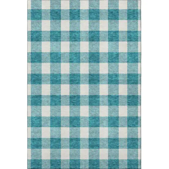 Teal And Ivory Plaid Washable Area Rug With UV Protection Photo 3