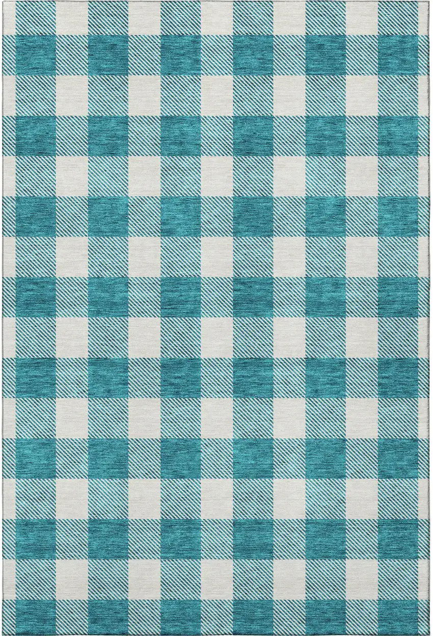 Teal And Ivory Plaid Washable Area Rug With UV Protection Photo 3