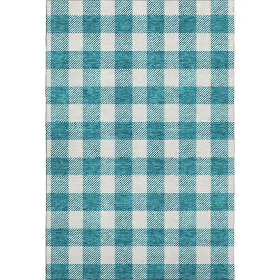 Teal And Ivory Plaid Washable Area Rug With UV Protection Photo 2