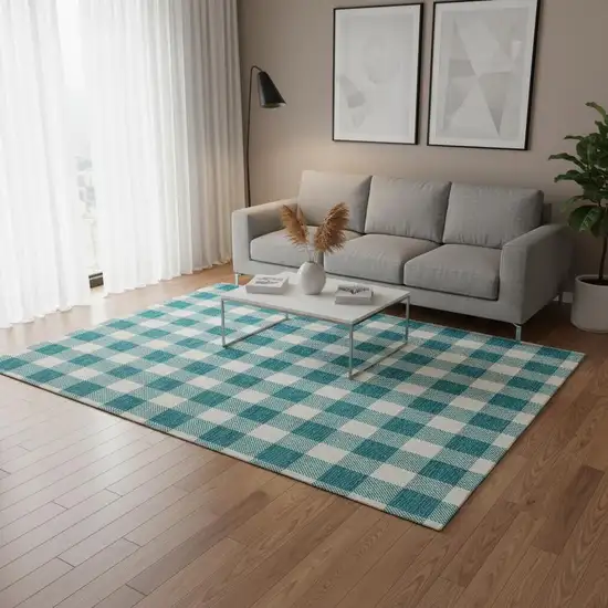 Teal And Ivory Plaid Washable Area Rug With UV Protection Photo 2
