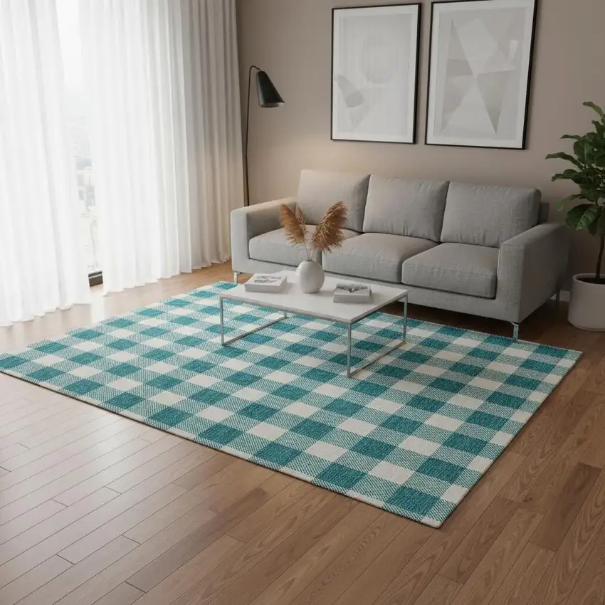 Teal And Ivory Plaid Washable Area Rug With UV Protection Photo 2