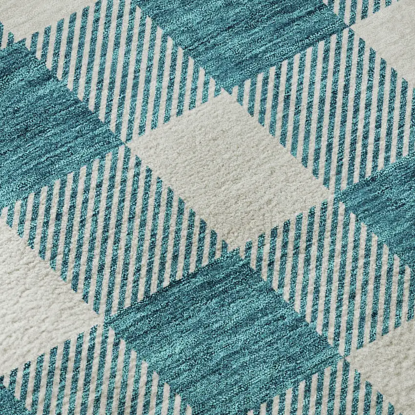 Teal And Ivory Plaid Washable Area Rug With UV Protection Photo 9
