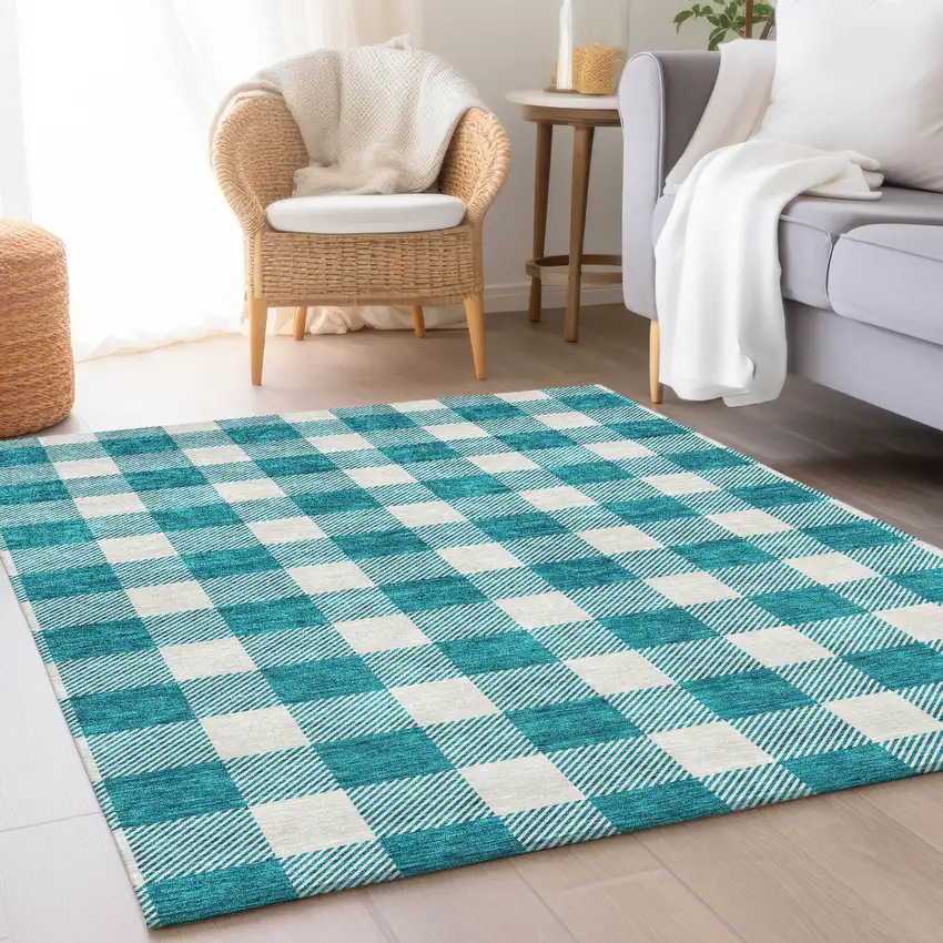 Teal And Ivory Plaid Washable Area Rug With UV Protection Photo 4