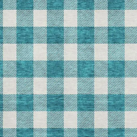 Teal And Ivory Plaid Washable Area Rug With UV Protection Photo 2