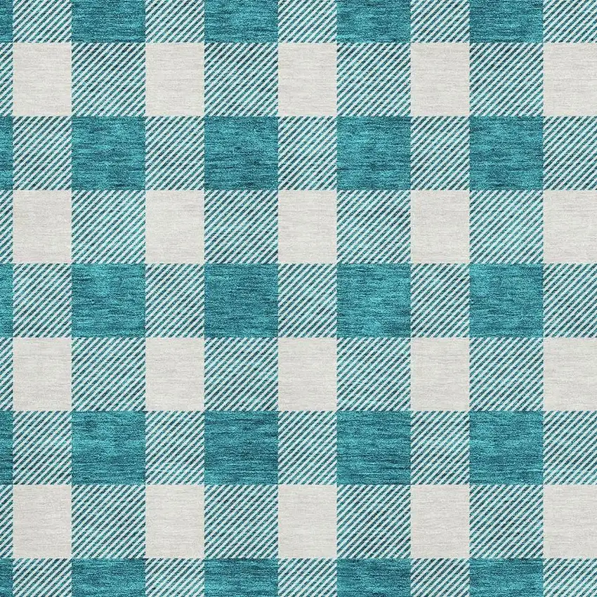 Teal And Ivory Plaid Washable Area Rug With UV Protection Photo 2