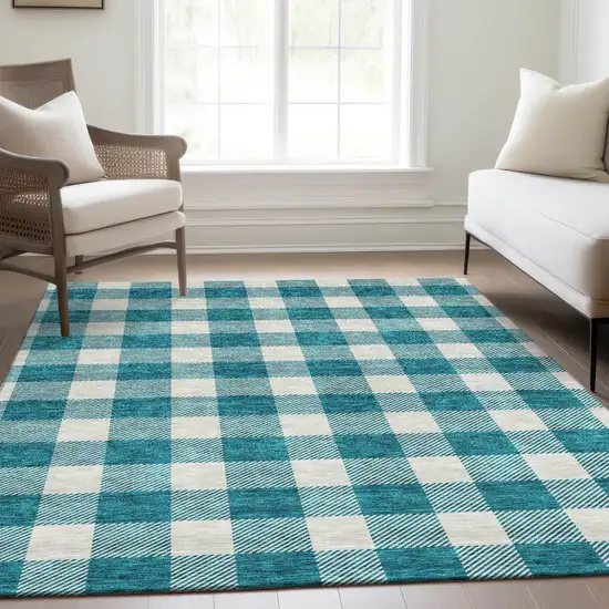 Teal And Ivory Plaid Washable Area Rug With UV Protection Photo 5