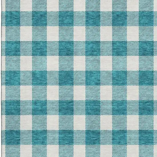 Teal And Ivory Plaid Washable Area Rug With UV Protection Photo 3