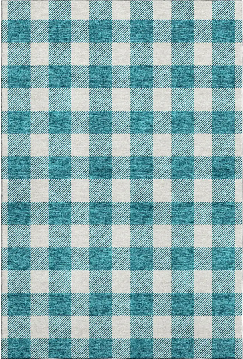 Teal And Ivory Plaid Washable Area Rug With UV Protection Photo 1