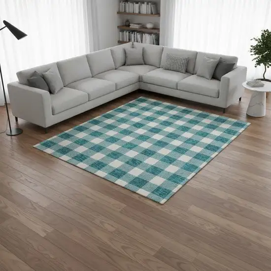 Teal And Ivory Plaid Washable Area Rug With UV Protection Photo 2