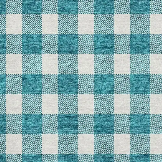 Teal And Ivory Plaid Washable Area Rug With UV Protection Photo 2