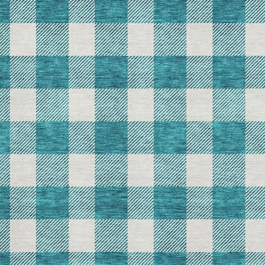 Teal And Ivory Plaid Washable Area Rug With UV Protection Photo 2