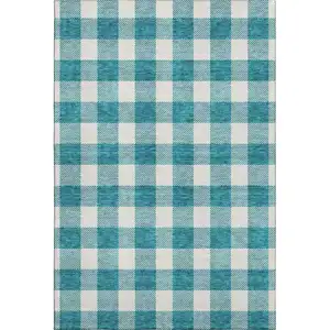 Photo of Teal And Ivory Plaid Washable Area Rug With UV Protection