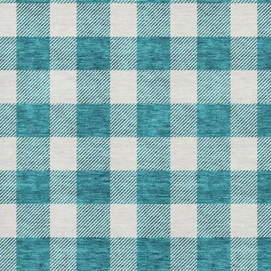 Teal And Ivory Plaid Washable Area Rug With UV Protection Photo 2