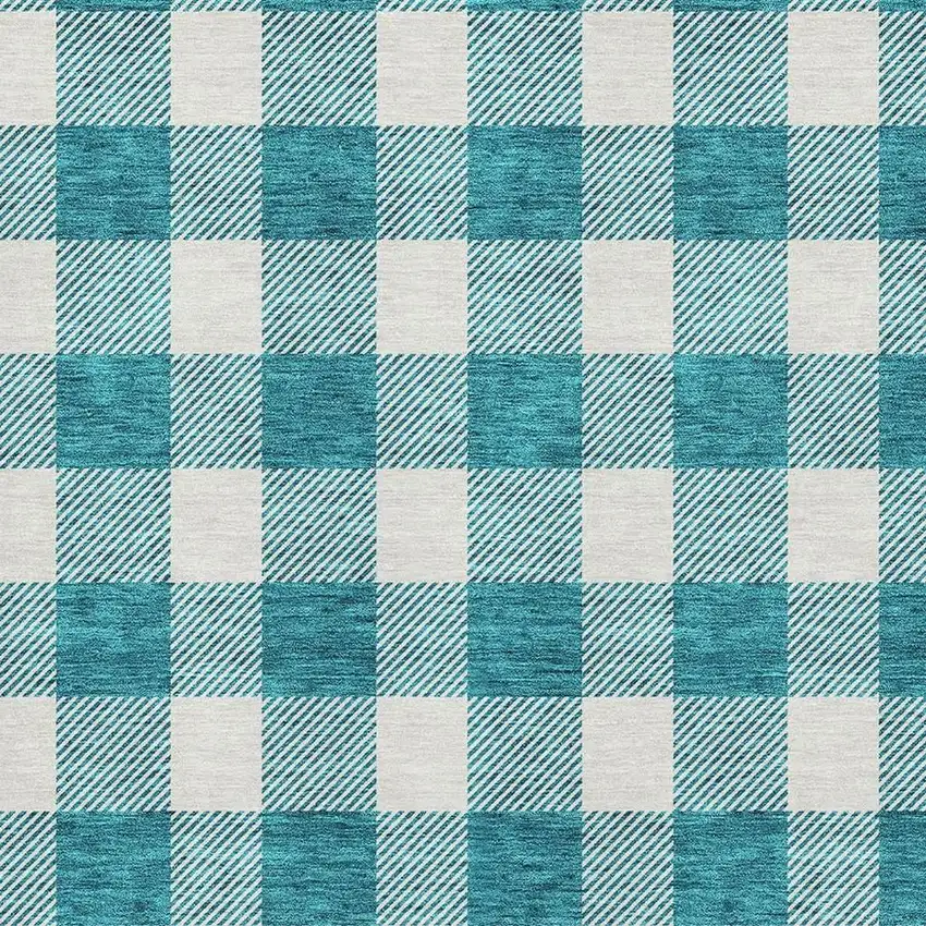 Teal And Ivory Plaid Washable Area Rug With UV Protection Photo 2