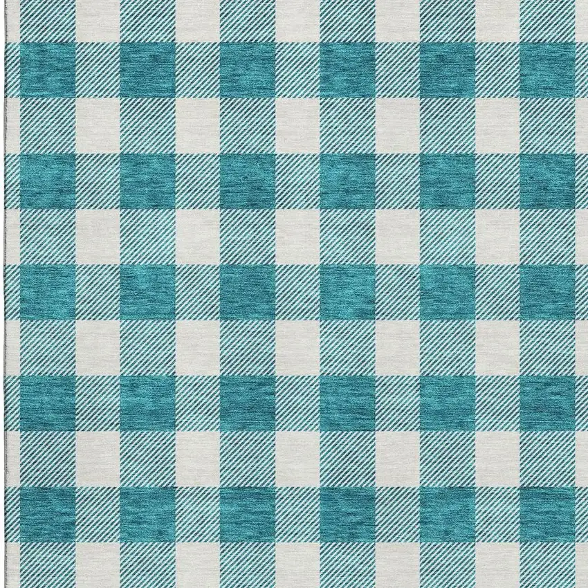 Teal And Ivory Plaid Washable Area Rug With UV Protection Photo 3