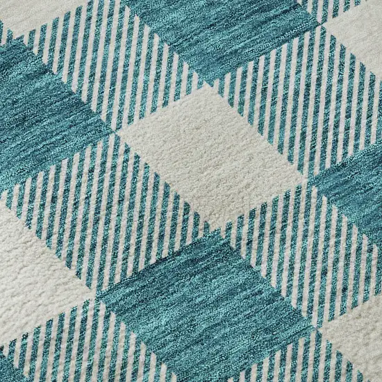 Teal And Ivory Plaid Washable Area Rug With UV Protection Photo 9