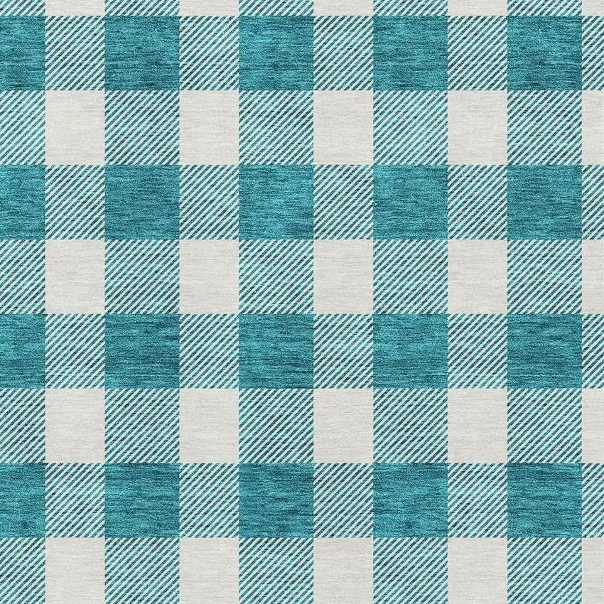 Teal And Ivory Plaid Washable Area Rug With UV Protection Photo 2