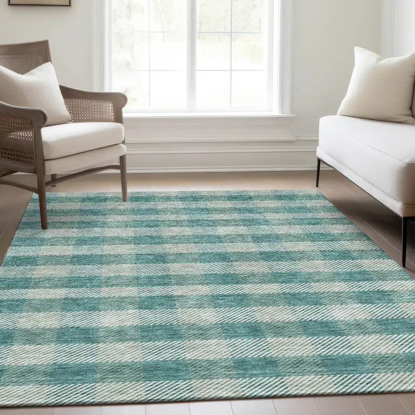 Teal And Ivory Plaid Washable Area Rug With UV Protection Photo 5