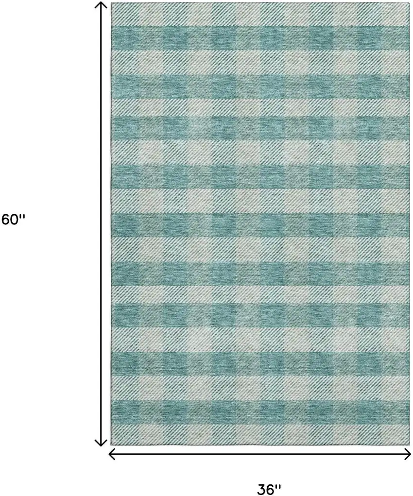 Teal And Ivory Plaid Washable Area Rug With UV Protection Photo 3