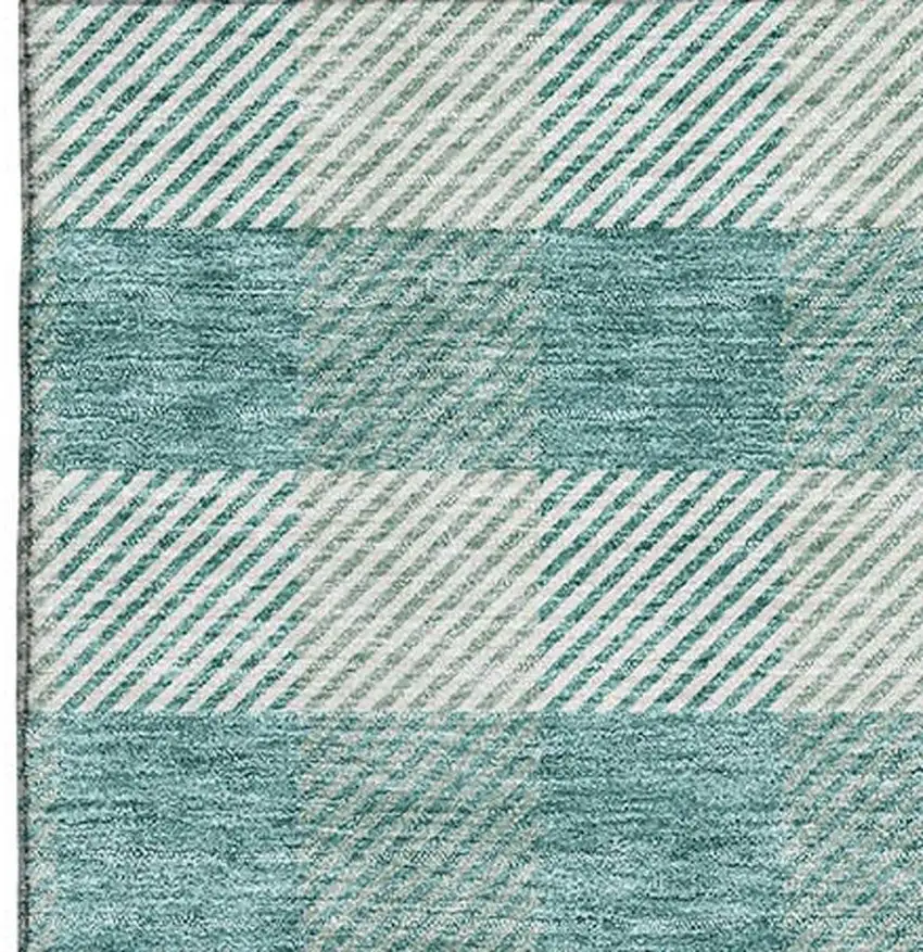 Teal And Ivory Plaid Washable Area Rug With UV Protection Photo 3