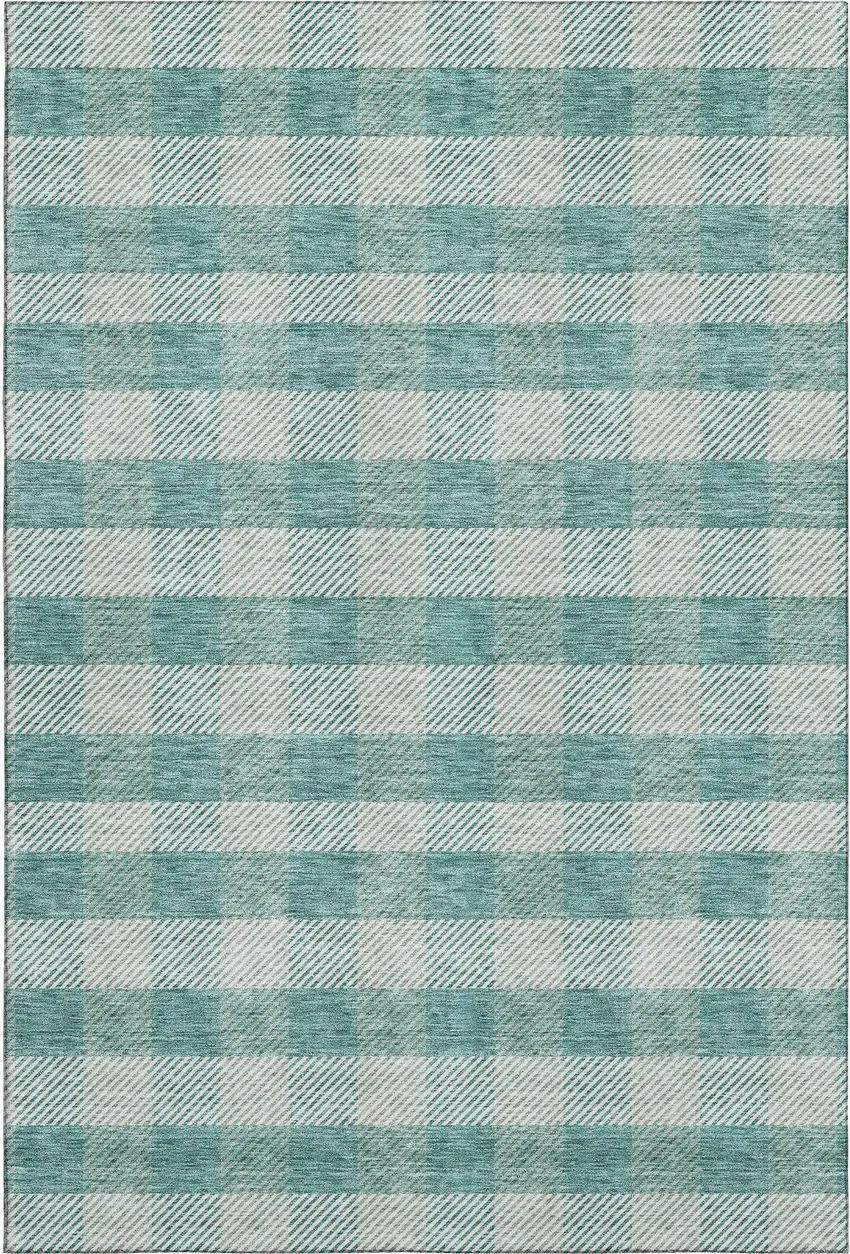 Teal And Ivory Plaid Washable Area Rug With UV Protection Photo 1