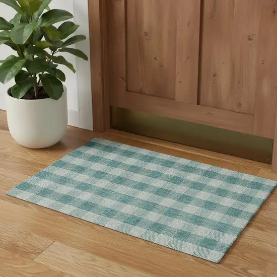 Teal And Ivory Plaid Washable Area Rug With UV Protection Photo 1