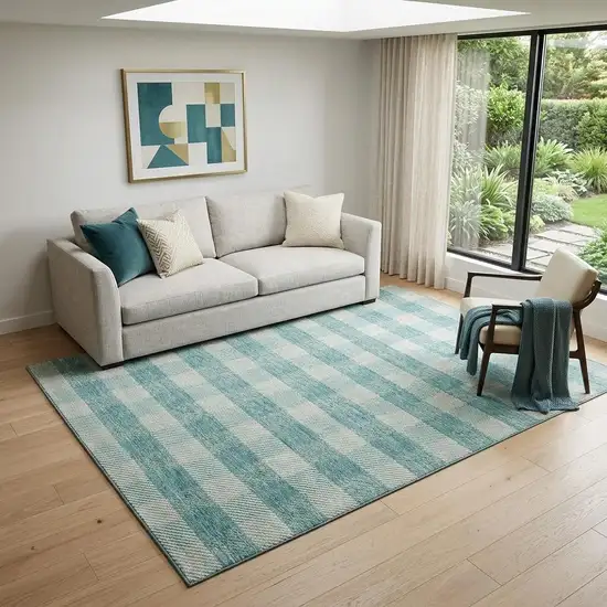 Teal And Ivory Plaid Washable Area Rug With UV Protection Photo 1