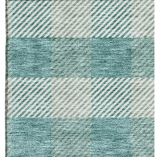 Teal And Ivory Plaid Washable Area Rug With UV Protection Photo 3