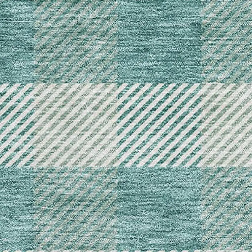 Teal And Ivory Plaid Washable Area Rug With UV Protection Photo 2