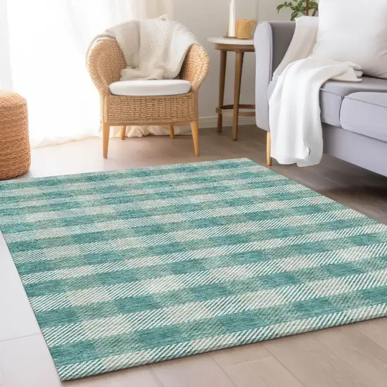 Teal And Ivory Plaid Washable Area Rug With UV Protection Photo 4