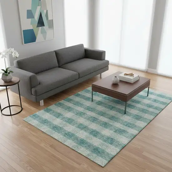 Teal And Ivory Plaid Washable Area Rug With UV Protection Photo 2