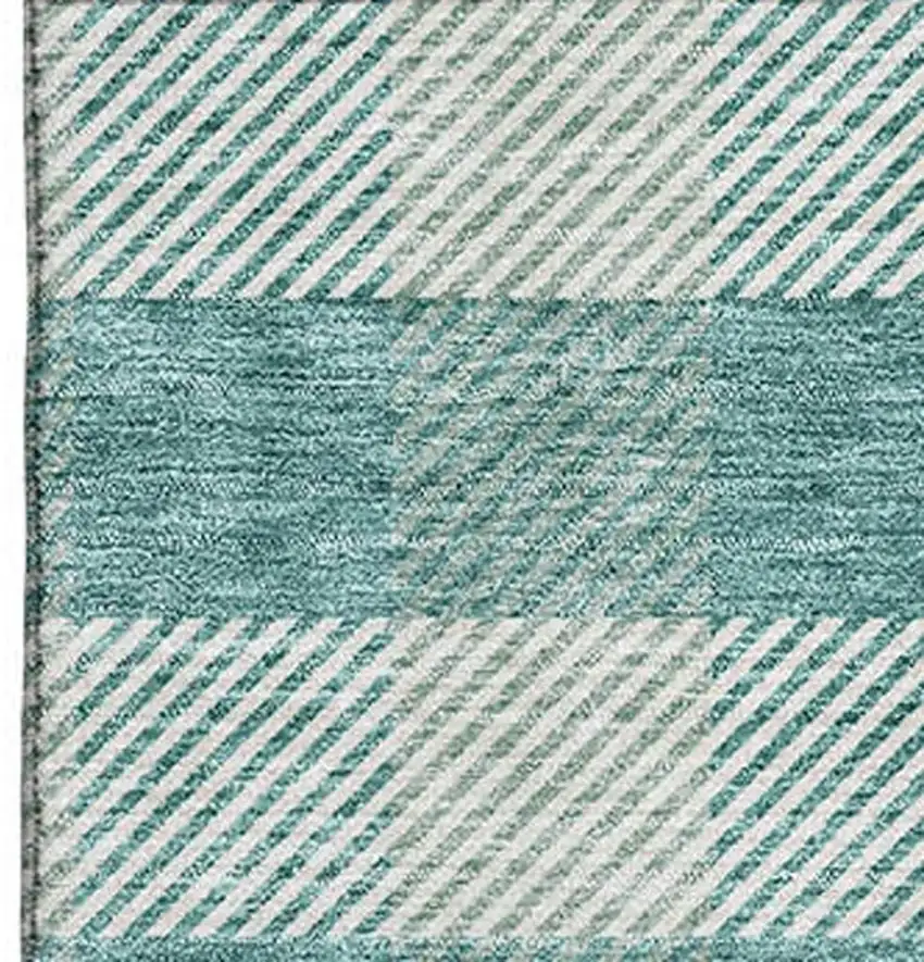 Teal And Ivory Plaid Washable Area Rug With UV Protection Photo 2